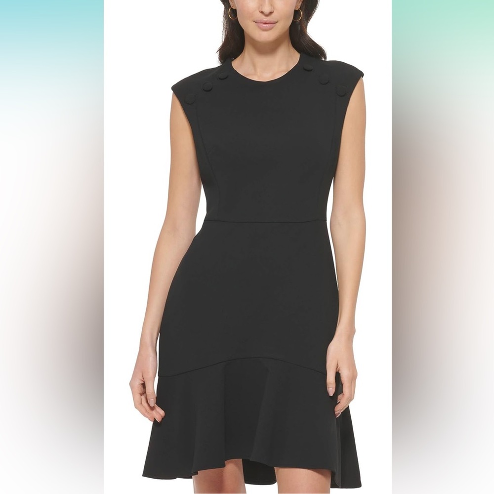 BLUE Scuba Crepe Dress with Flutter Hem and Button Details